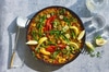 Paella di verdure e tofu alla griglia