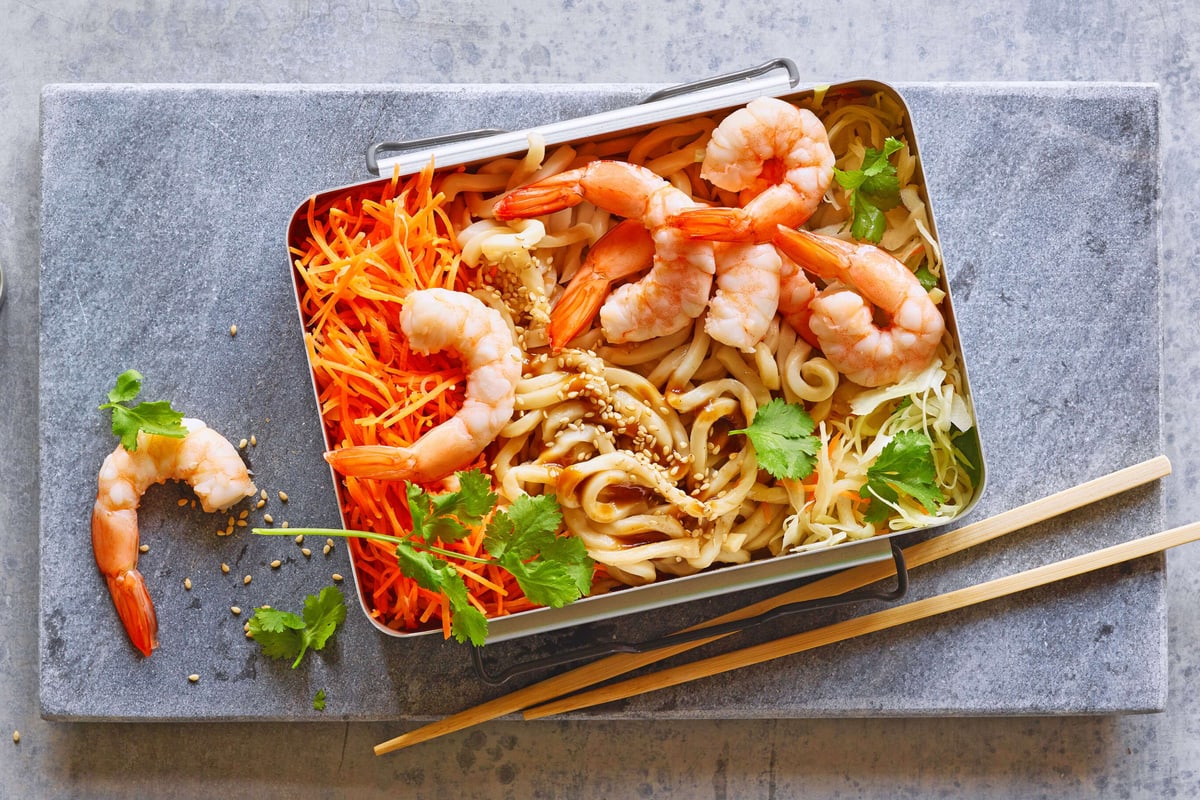 Udon-Nudeln mit Crevetten