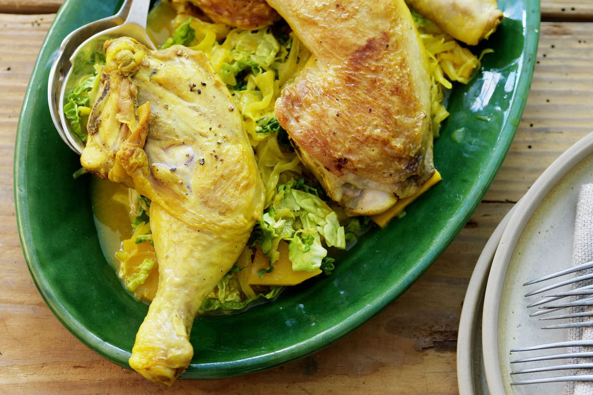 Cuisse de poulet sur légumes parfumés au curcuma