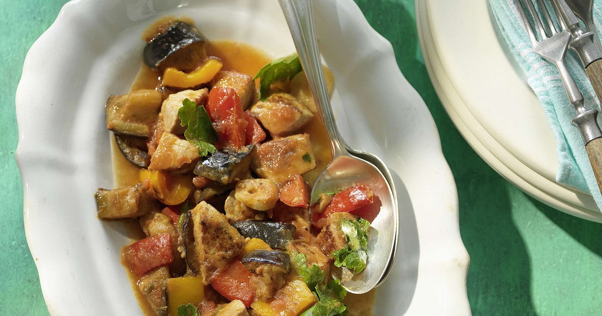 Émincé de veau à la poivronnade aux aubergines Migusto