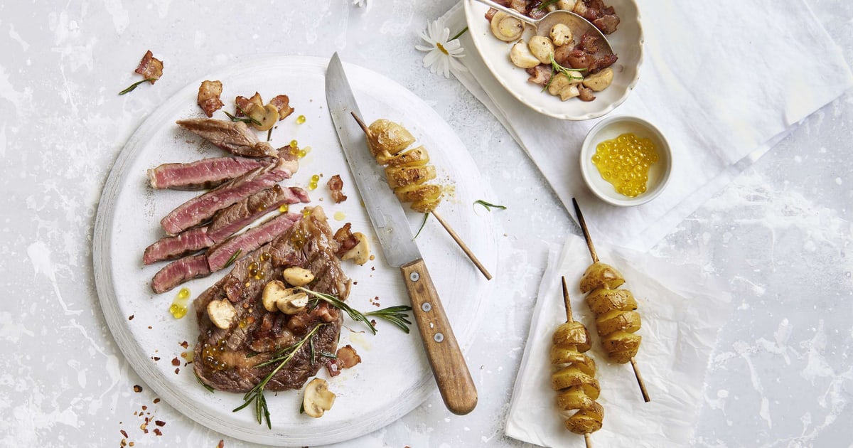 Hohrückensteak mit Speck und Champignons | Rezept