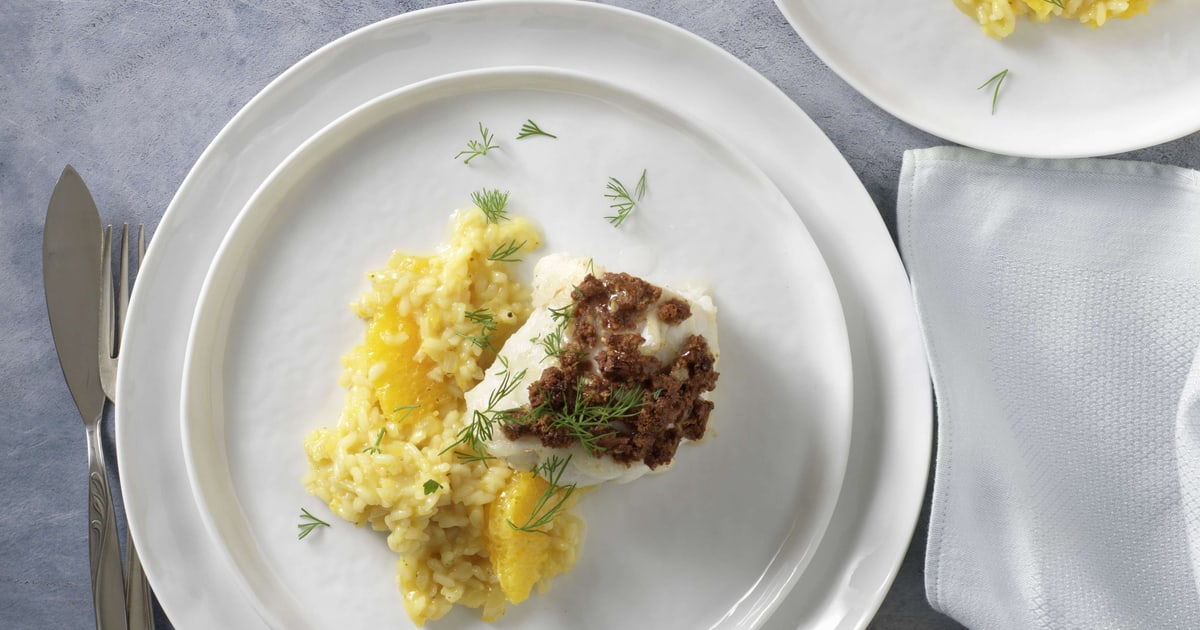 Seeteufel mit Lebkuchenkruste und Orangenrisotto | Rezept
