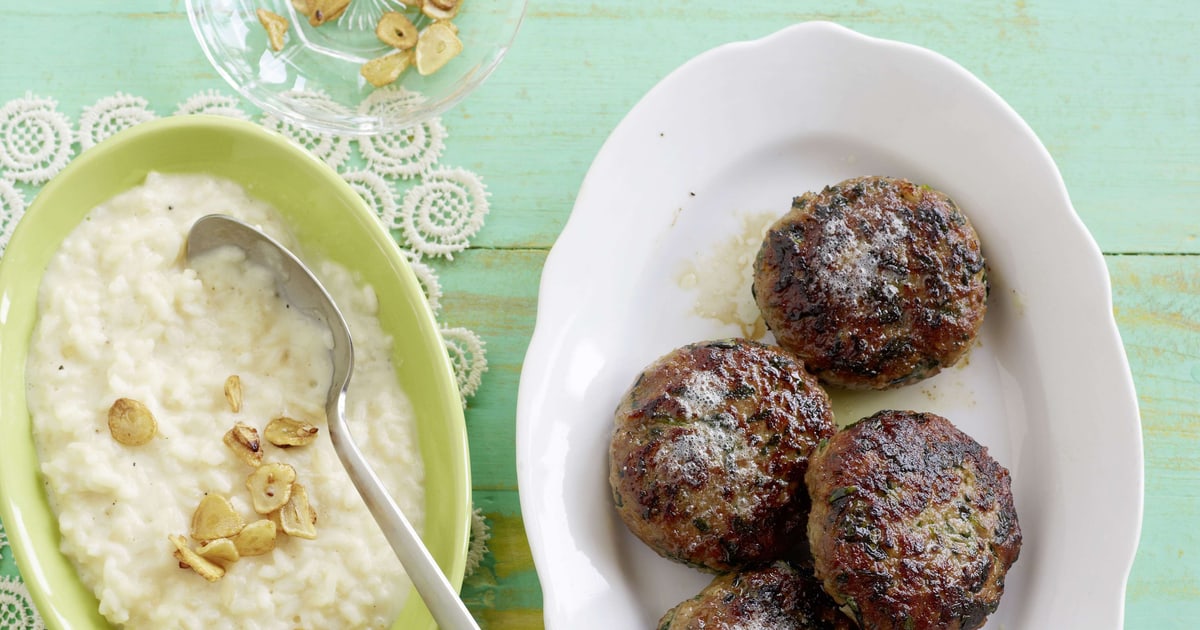 Hackfleisch-Spinat-Tätschli mit Knoblauchrisotto | Rezept