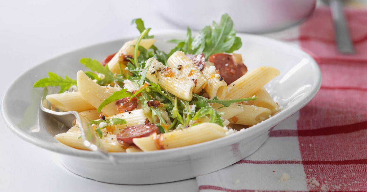 Penne Avec Roquette Ail Chorizo Et Parmesan Recette penne-avec-roquette-ail-chorizo-et-parmesan-recette