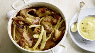 Lapin avec salsifis et sauce mousseline au safran