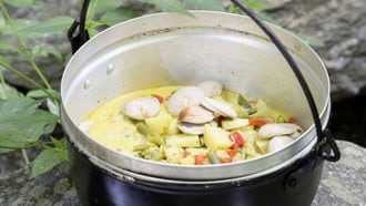 Curry de légumes et de saucisses au feu de bois
