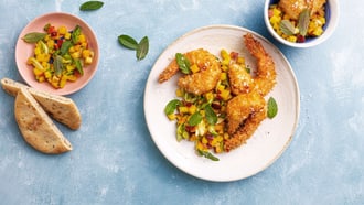 Gamberetti in panatura di cocco con relish alla pesca