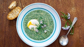Soupe aux orties avec œuf poché
