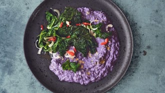Violettes Blumenkohl-Püree mit pikantem Federkohl