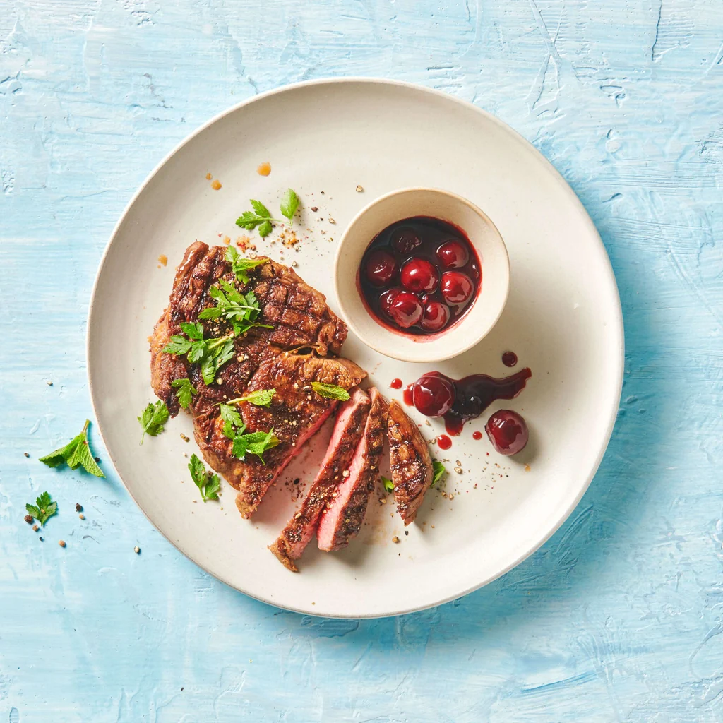 Steaks mit Soja-Kirschen-Sauce
