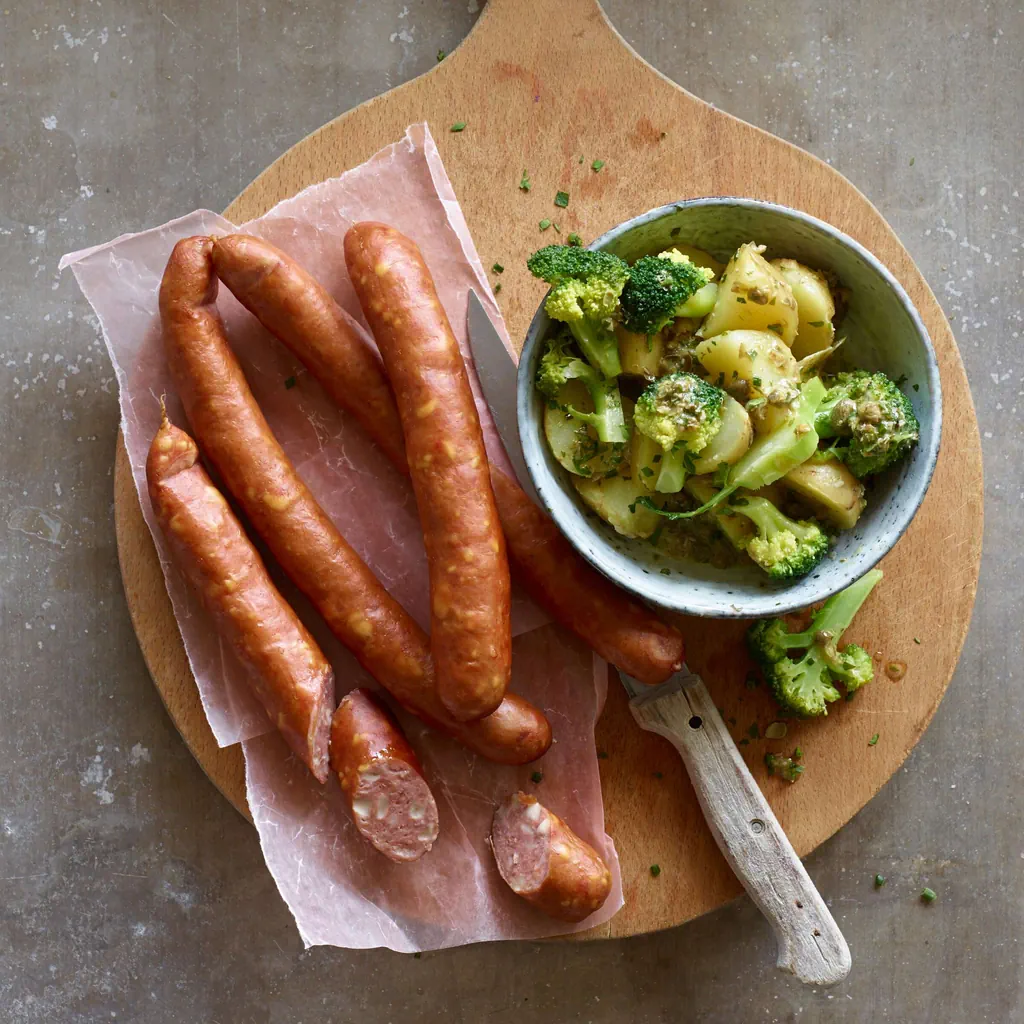 Salsicce con formaggio e insalata di patate e broccoli