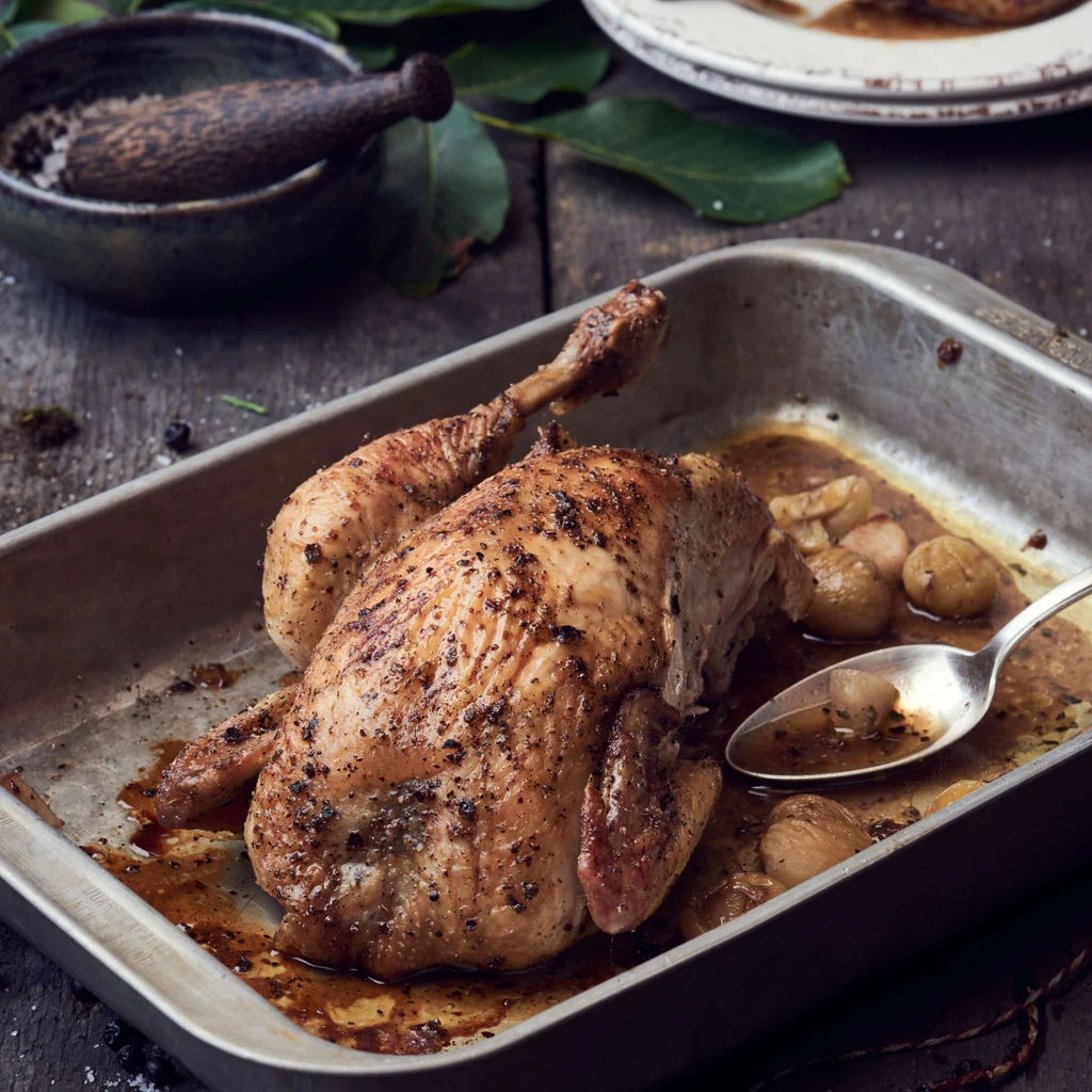 Pollo al ginepro farcito di castagne