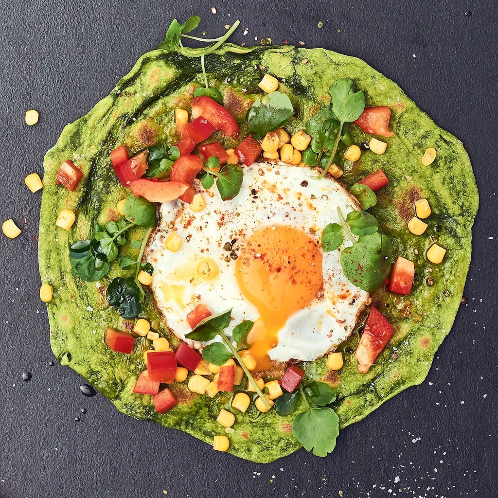 Grüne Tortilla mit Spiegelei und Peperoni