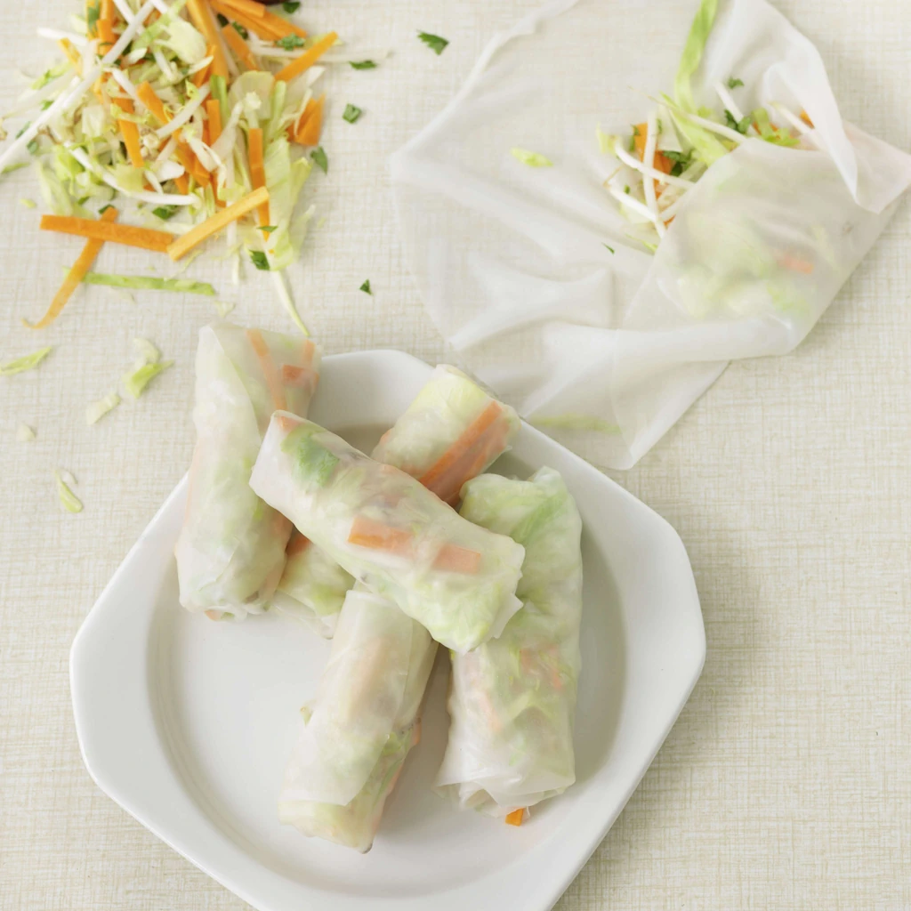 Sommerrollen mit Salat, Karotte und Mungobohnensprossen