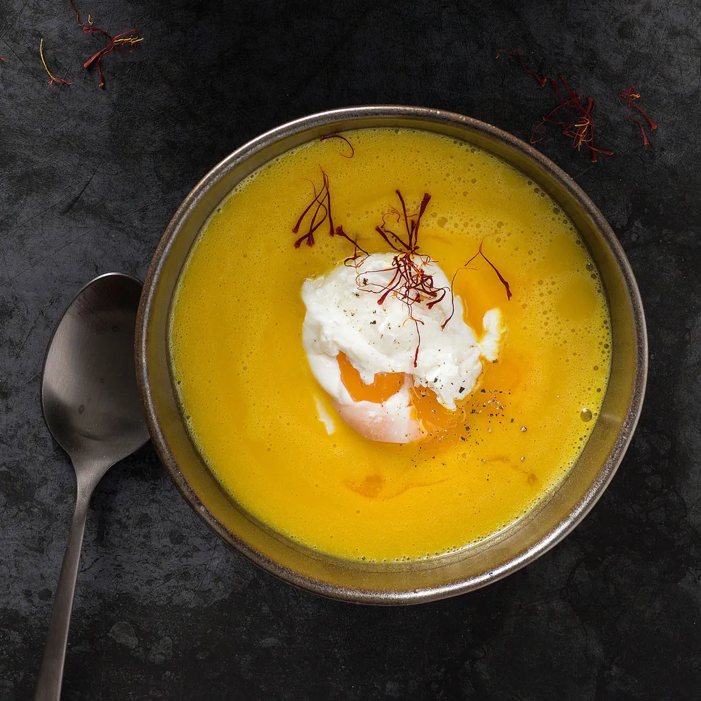 Velouté de pommes de terre au safran avec œuf poché