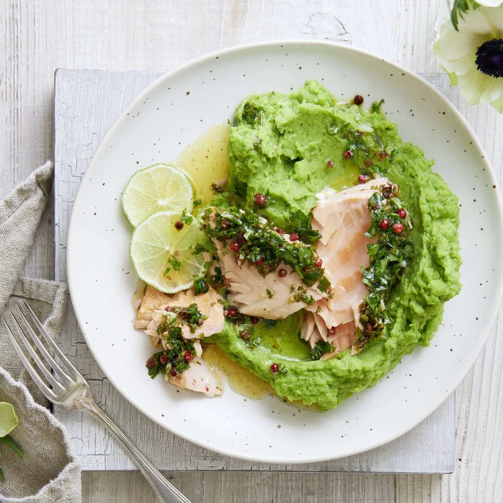 Saumon au citron vert avec purée aux épinards 