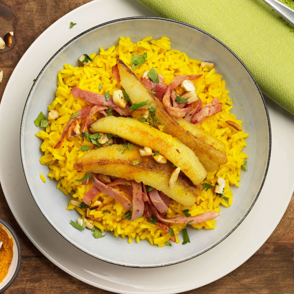 Kurkumareis mit gebratenen Bananen