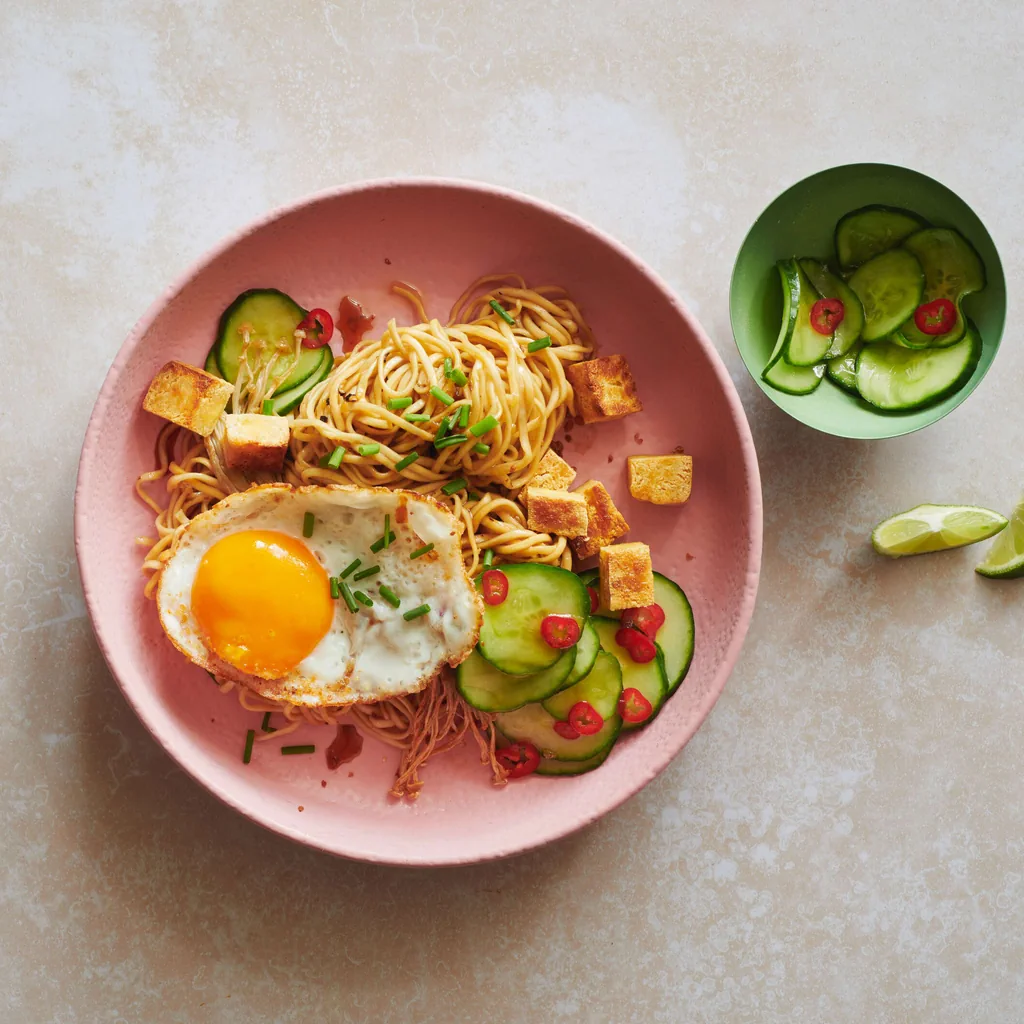Nouilles au tofu avec œuf et salade de concombre