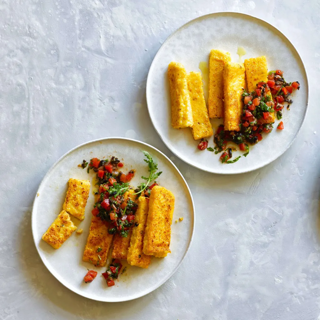 Polenta rôtie et concassée de tomates froides