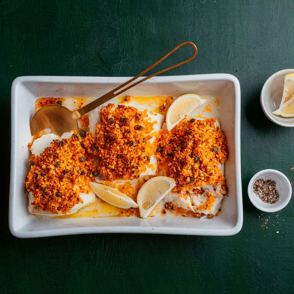 Kabeljau mit Pesto-rosso-Knusperhaube