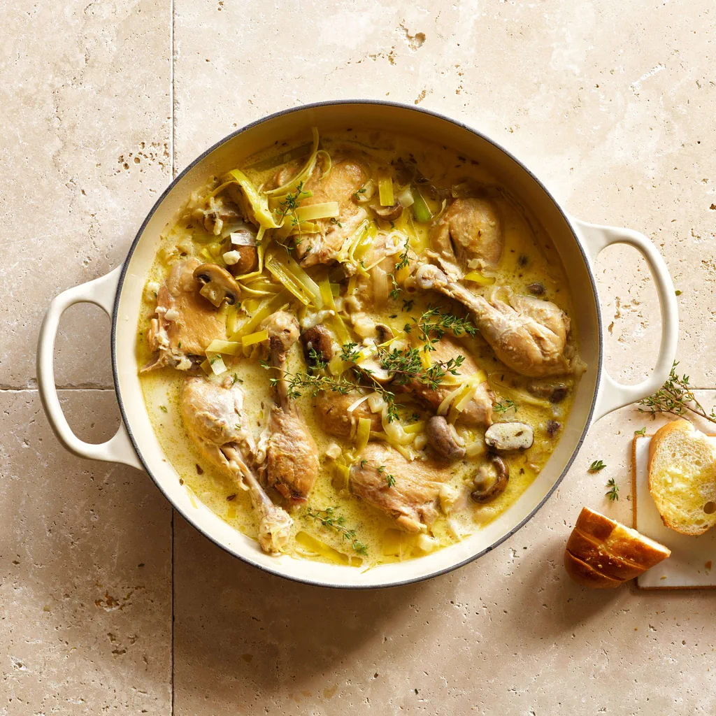 Coq au vin blanc mit Pilzen