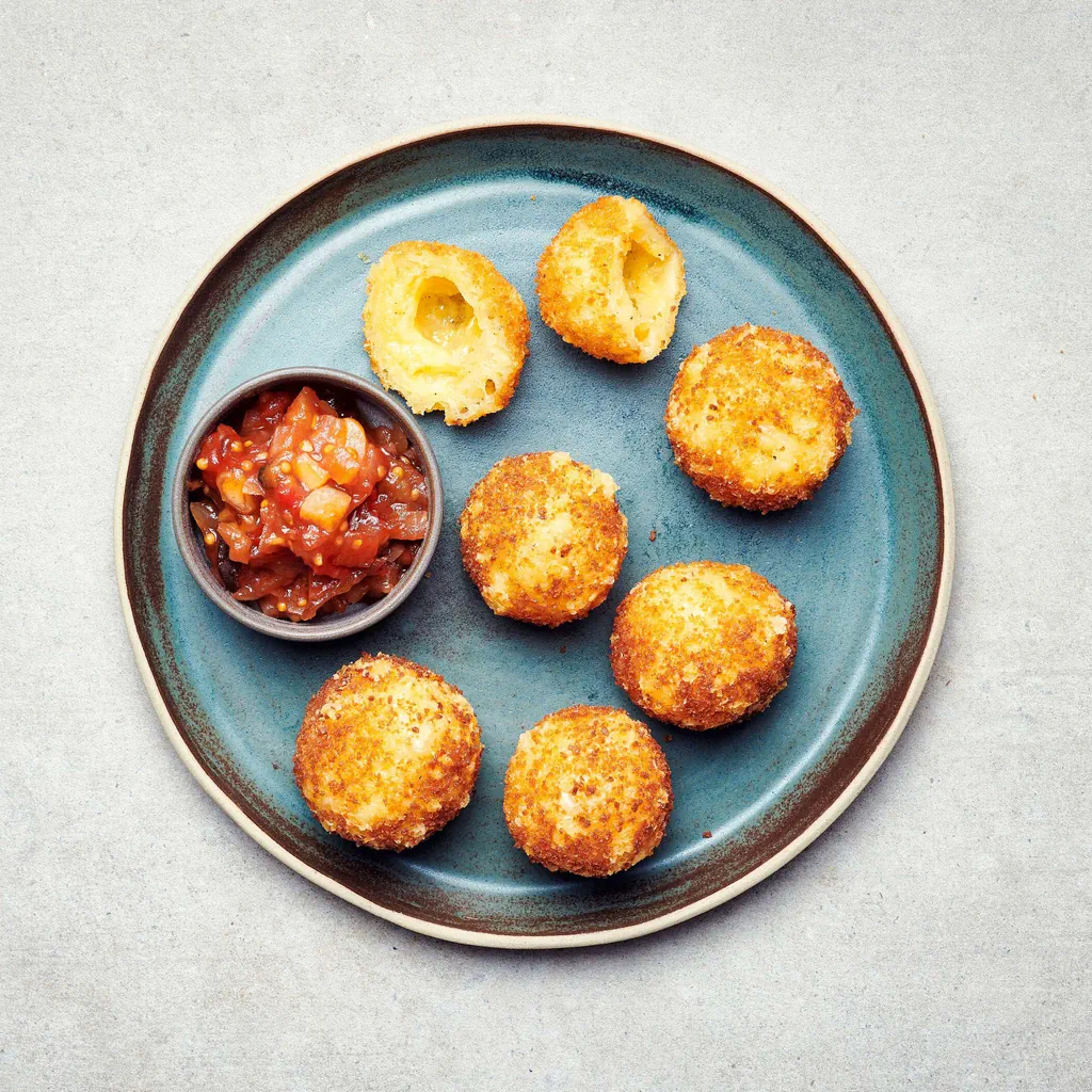 Boulettes au fromage avec chutney de tomates et de dattes 