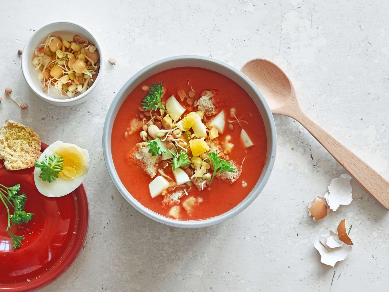 Gazpacho pronto per l'uso con uovo e germogli
