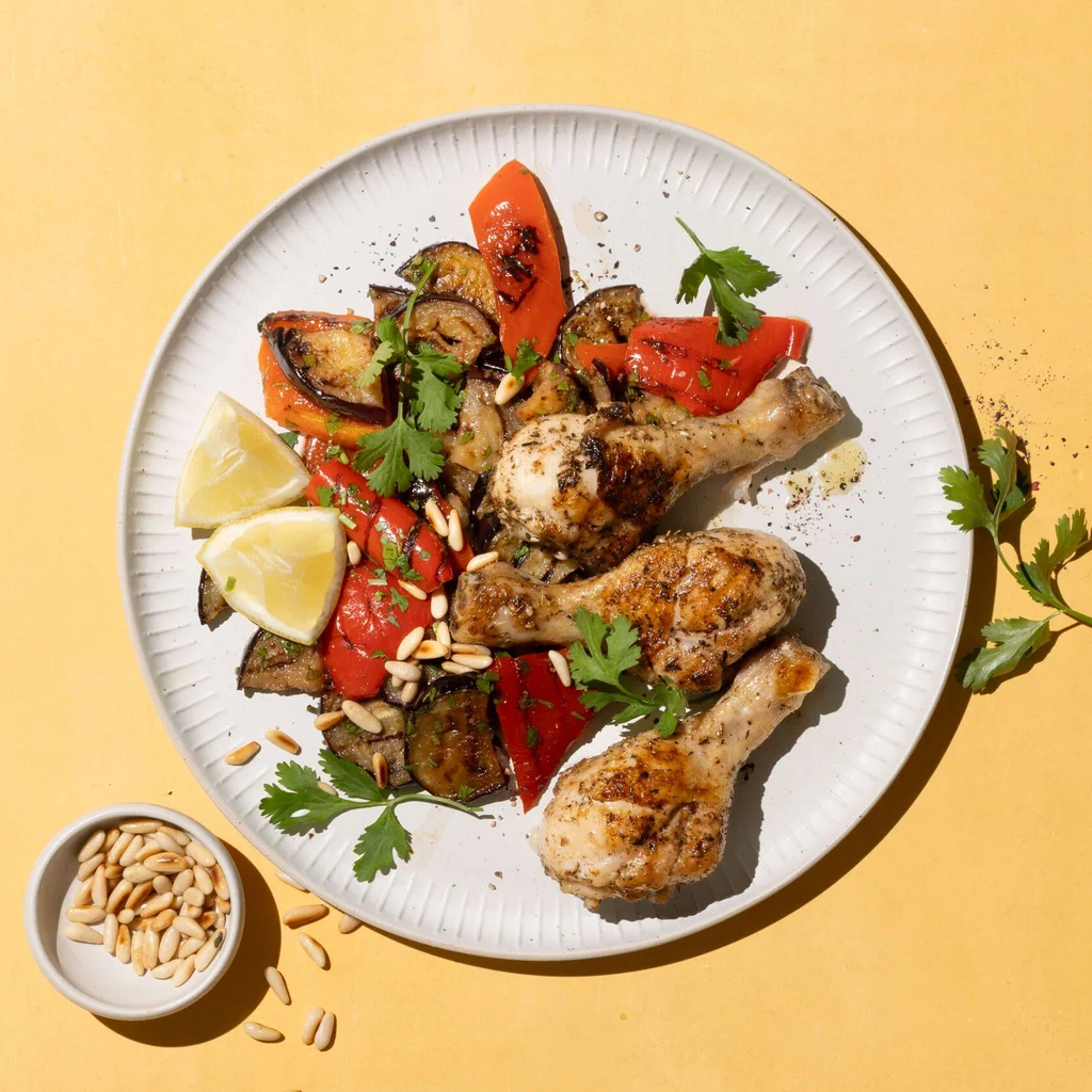 Cosce di pollo e insalata di melanzane alla griglia