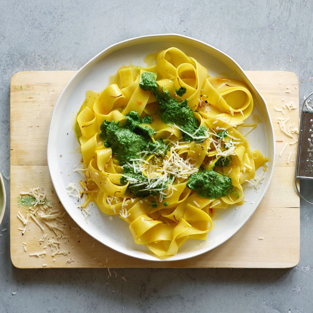 Safrannudeln mit Spinatsauce