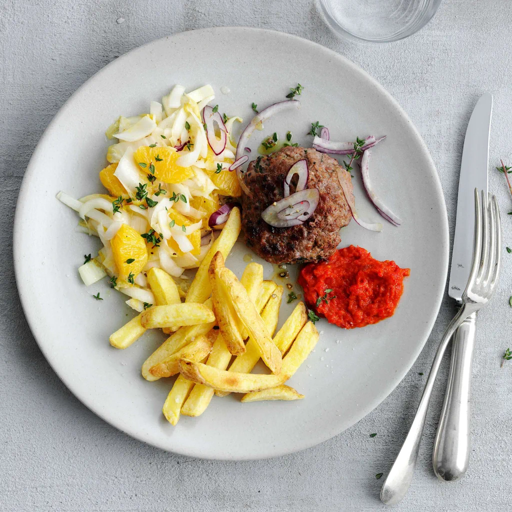 Galettes de viande hachée avec ajvar et salade