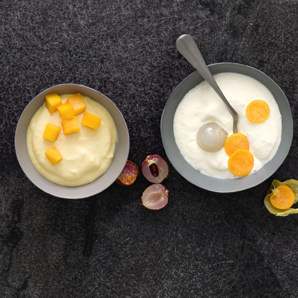 Duo de crèmes: mangue et litchis
