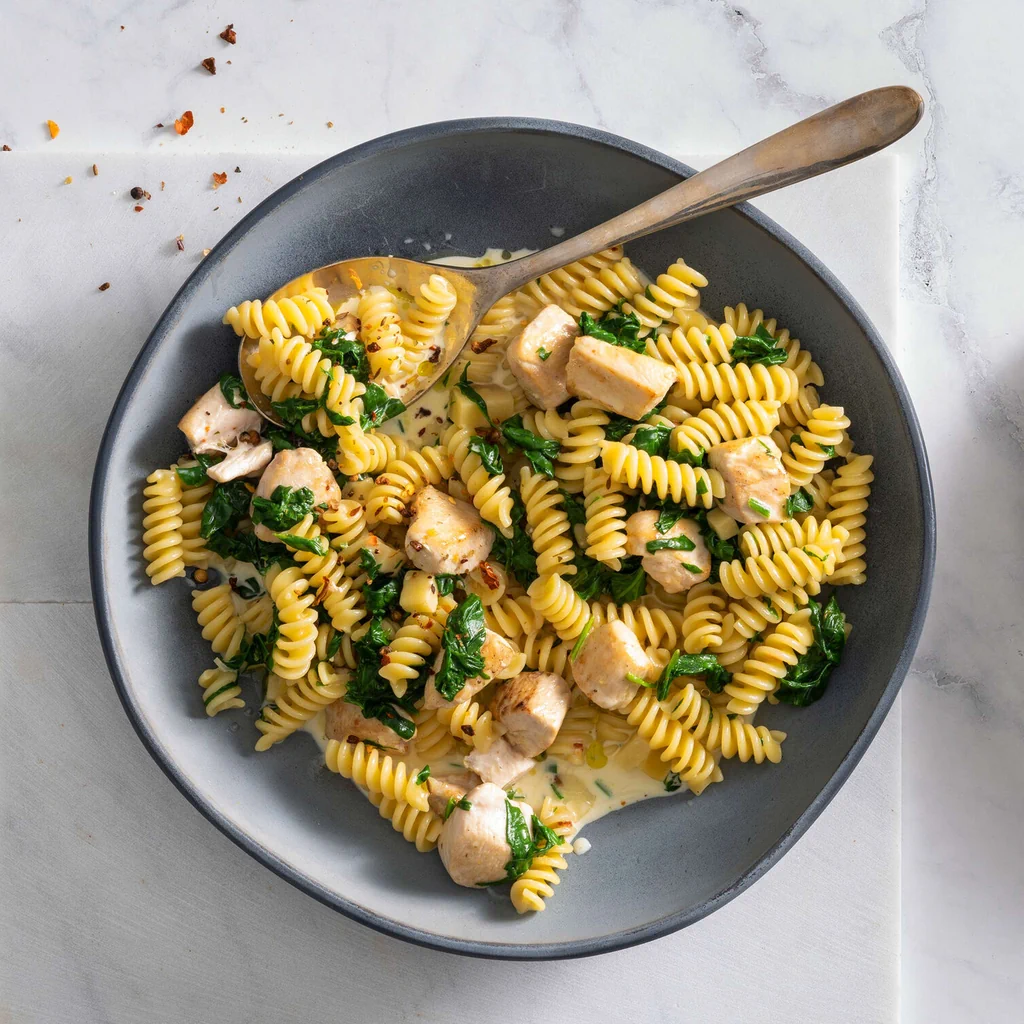 Fusilli con dadini di pollo e salsa al formaggio