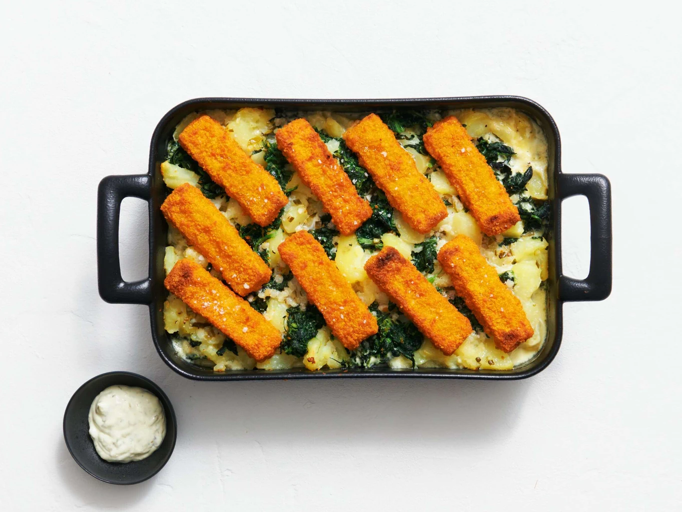 Fischstäbchen auf Spinat-Kartoffeln