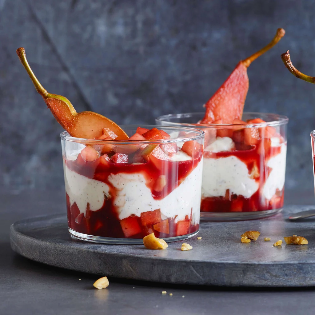 Crème avec marrons et poires pochées