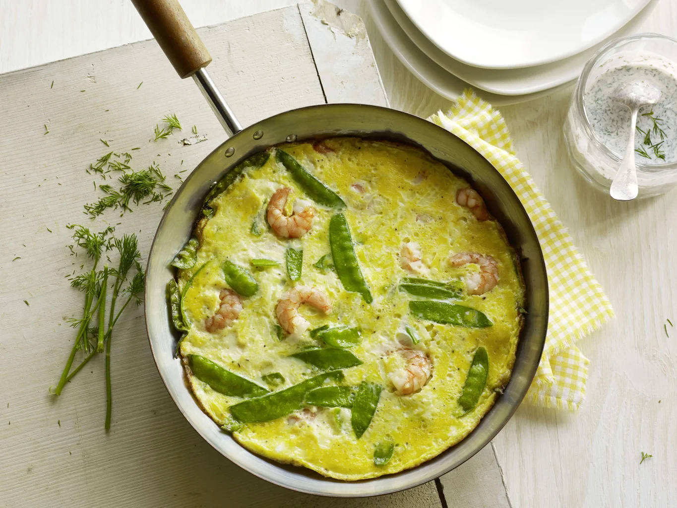 Frittata mit Crevetten und Kefen