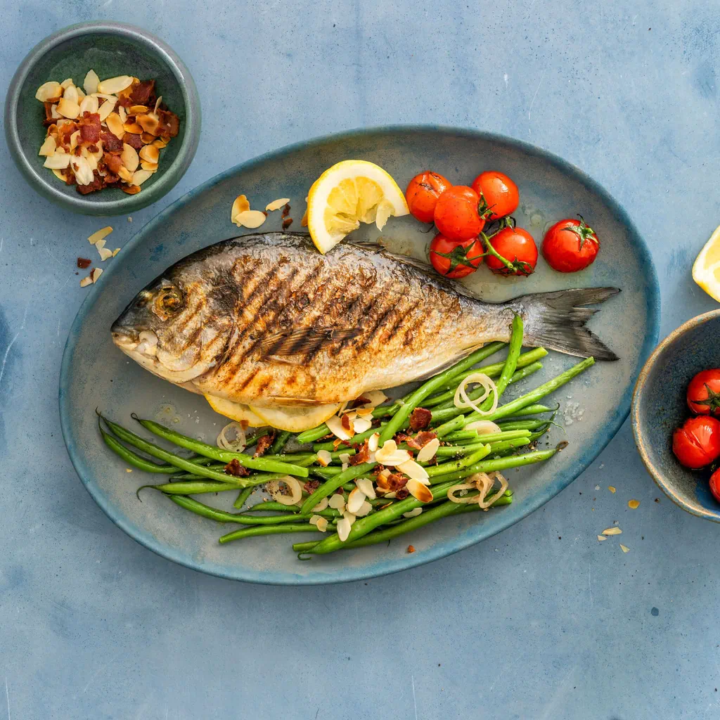 Dorade grillée avec haricots et topping d'amandes au lard