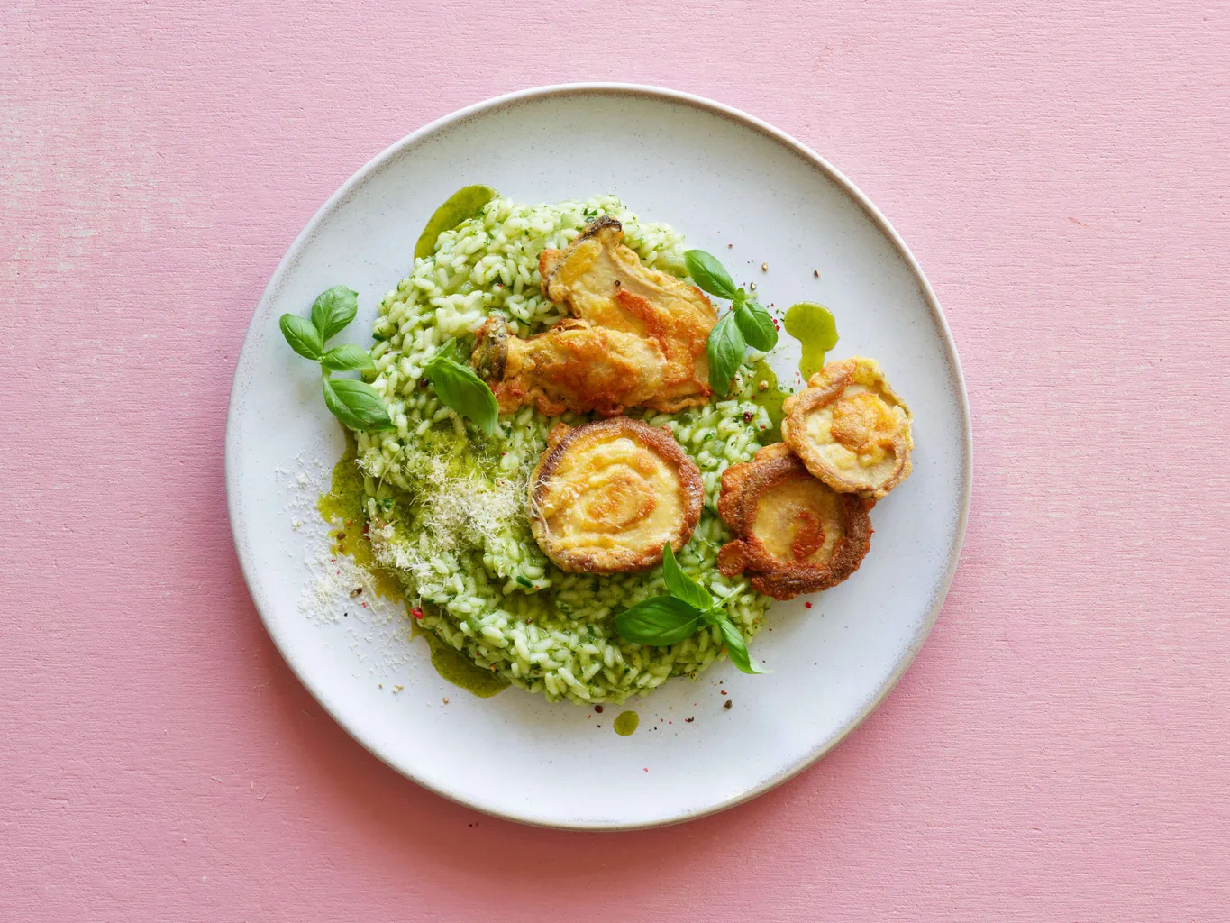 Pilzpiccata mit Basilikumrisotto