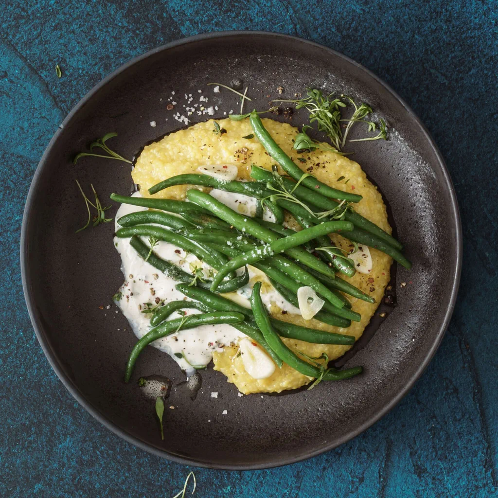 Fagiolini con mascarpone alle erbe su polenta