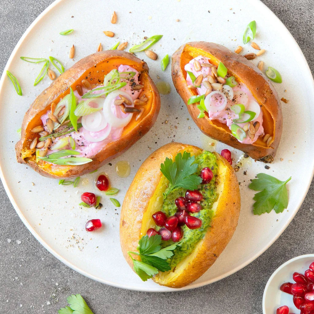 Baked Potatoes mit Randen und Hummus