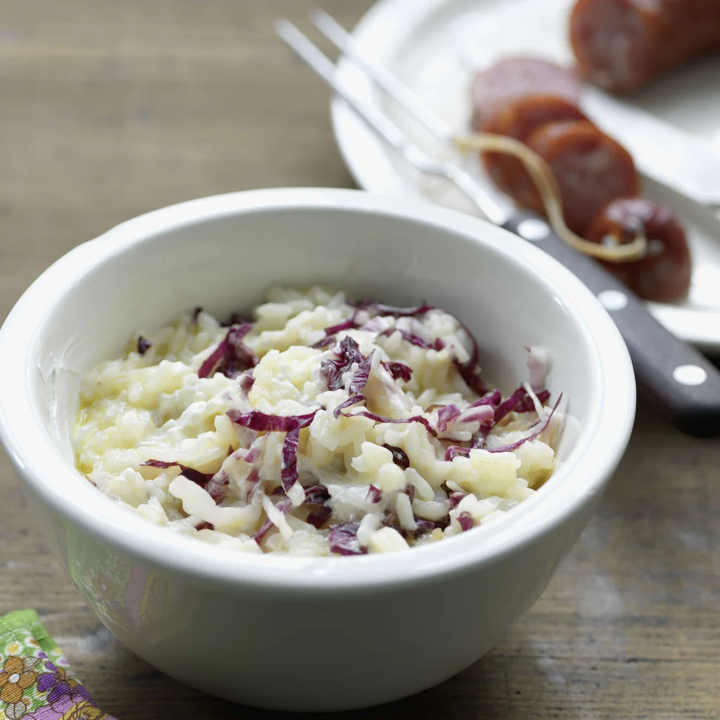 Saucisson sur risotto à l’absinthe