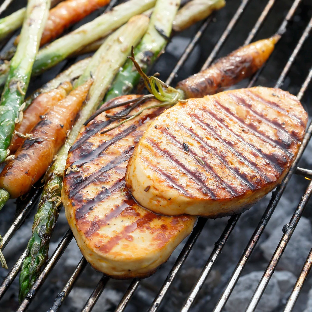 Grillkäse mit Spargeln und Karotten an Fenchelsamenmarinade