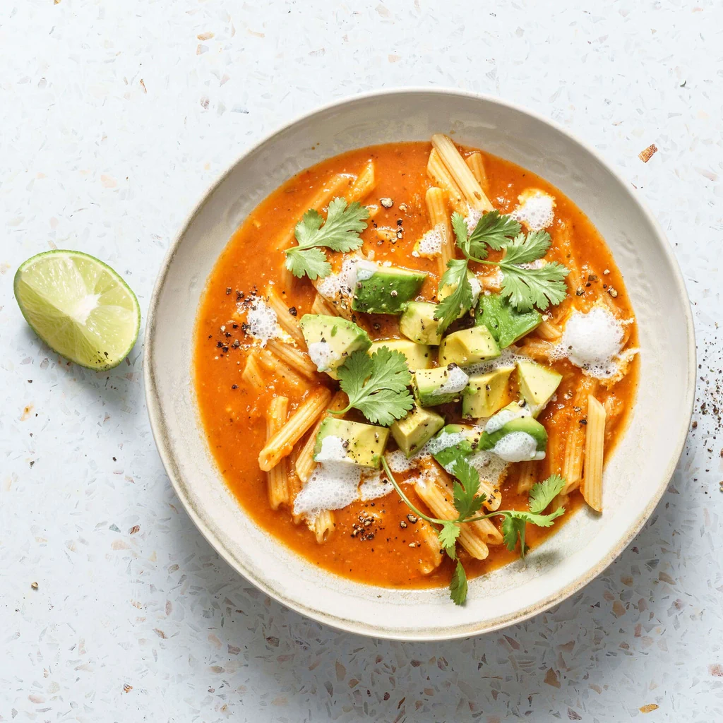 Soupe de tomates aux penne rigate avec citron vert