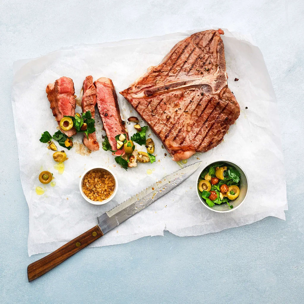 T-bone steak con topping alle nocciole e olive