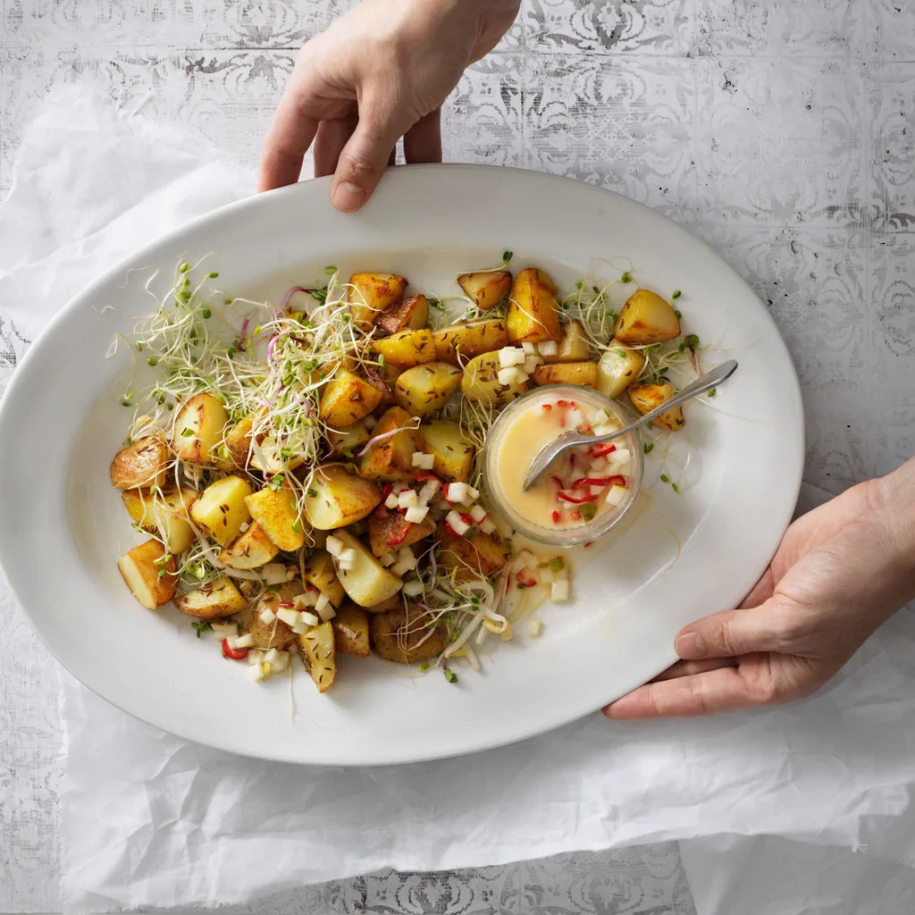 Pommes risolées mit pikantem Sauerrahm-Dressing
