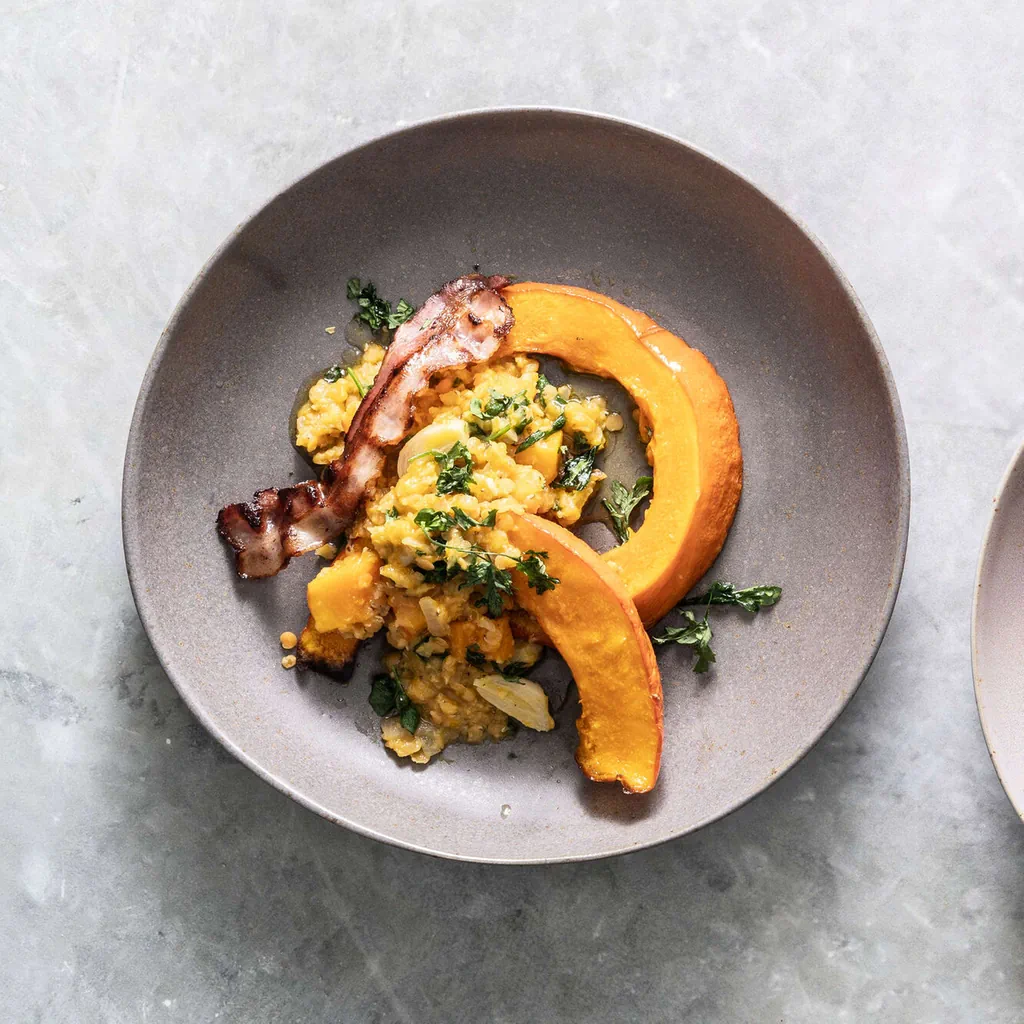 Zucca e lenticchie alla pancetta