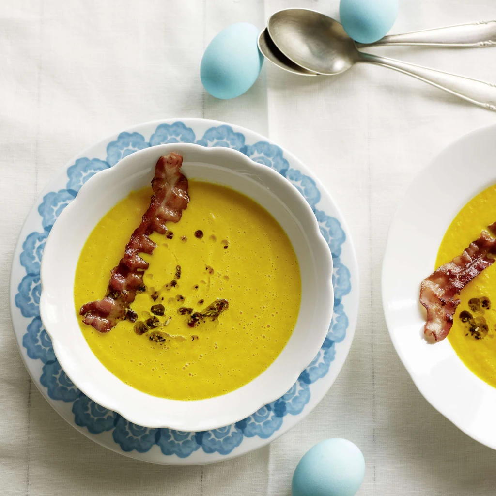 Vellutata di carote con olio pepato e pancetta