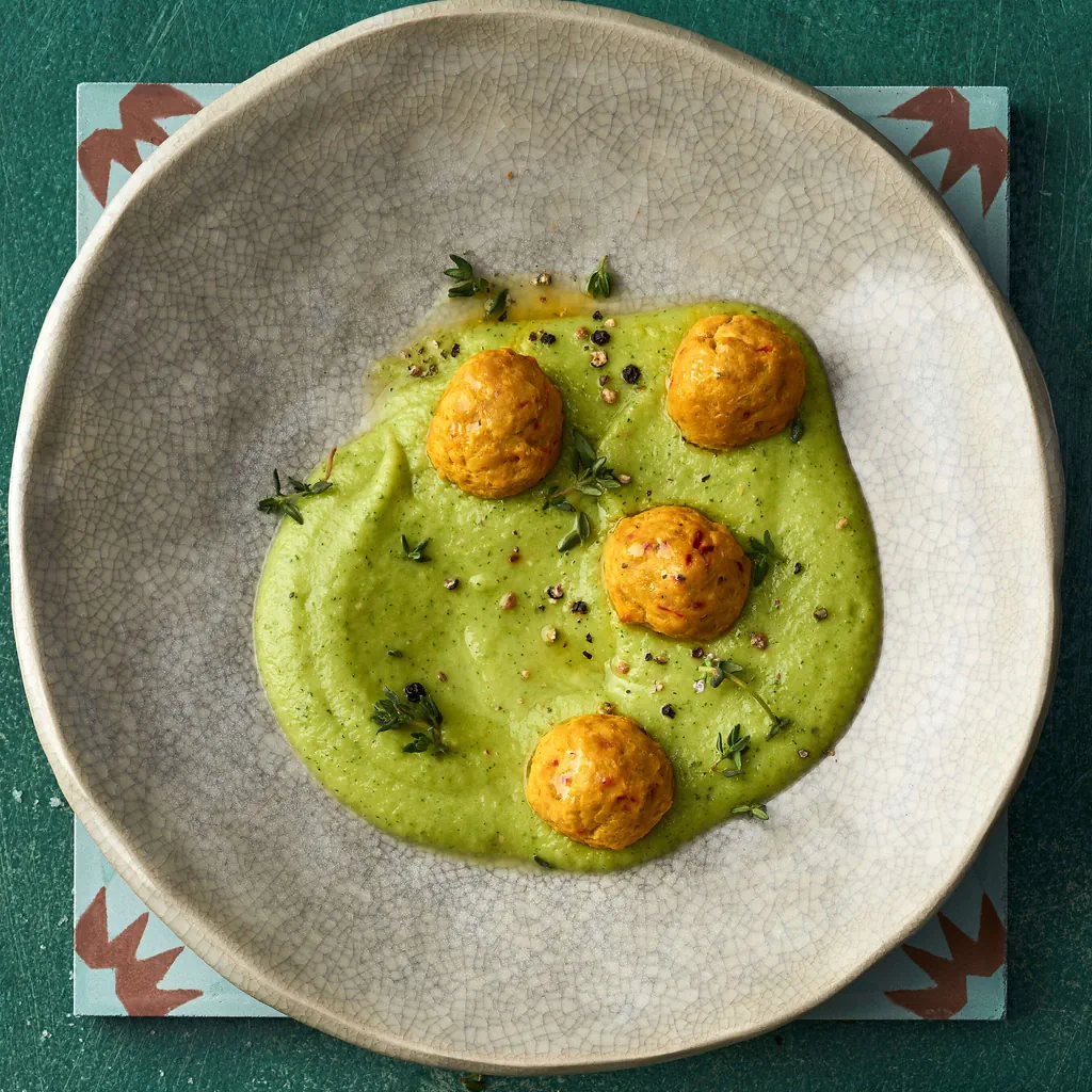 Safran-Poulet-Kugeln mit Avocado-Zucchetti-Creme