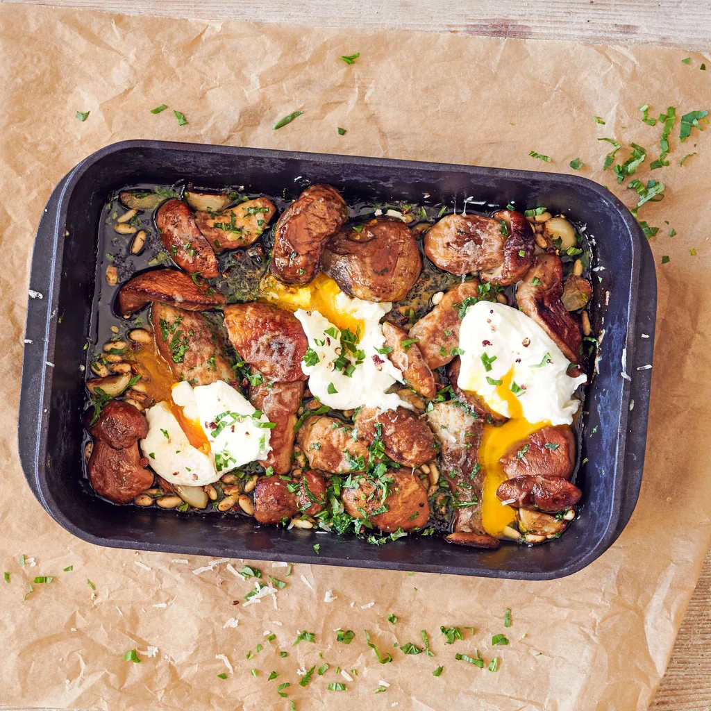 Bolets gratinés avec œuf poché