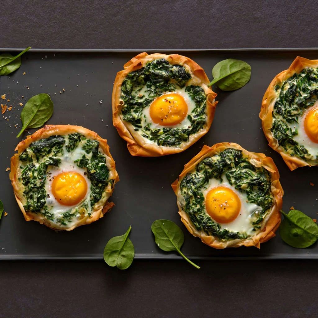 Torta croccante agli spinaci con uova al tegamino