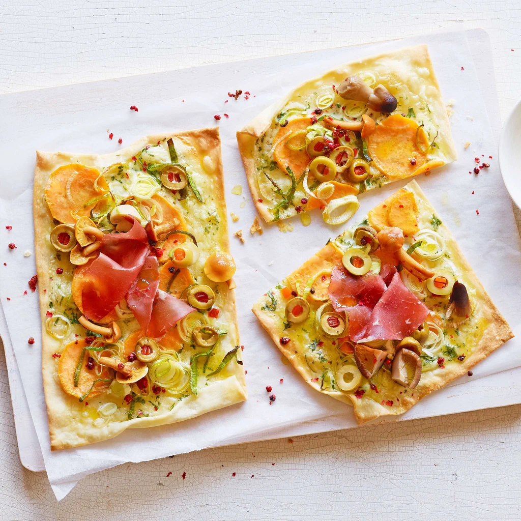 Focaccia alsaziana alle patate dolci con funghi